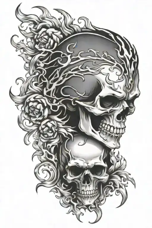 skull and flames left arm tattoo design idea