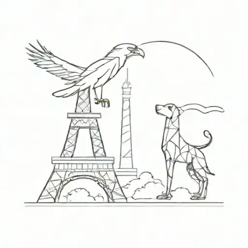 An abstract tattoo of an eagle perched on the Eiffel Tower with a dog at its feet, symbolizing the client's love for animals and Paris, in a minimalist style tattoo design idea