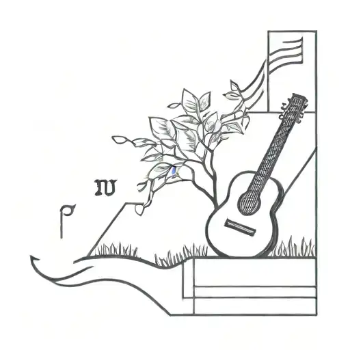 A DIY-inspired tattoo of the Hanging Gardens of Babylon, incorporating musical notes and a guitar to represent the client's passion for music and gardening, in a minimalist style tattoo design idea