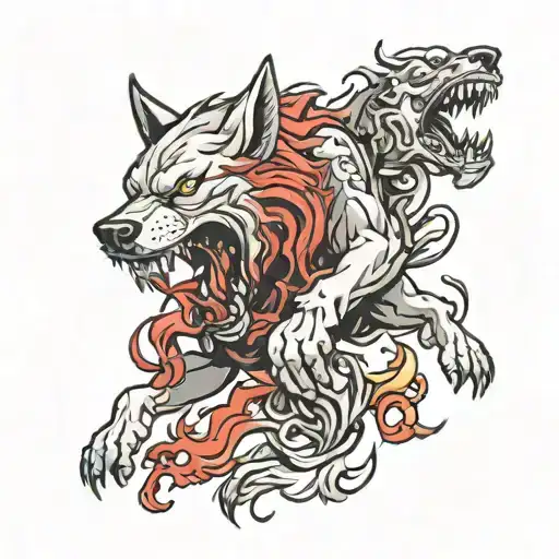 wolf fighting demons tattoo design idea