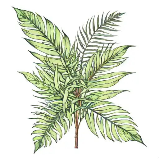 loose singular parlor palm leaf next to a small snake plant leaf tattoo design idea