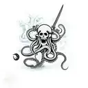 Octopus fighting a skeleton pirate with a rum bottle and a sword tattoo design idea