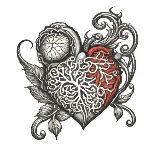 Half organic heart, half organic brain, combined, a red vein through both tattoo design idea