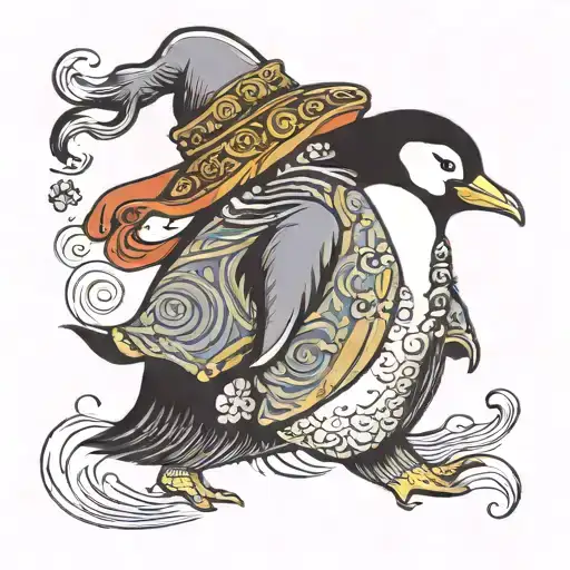 penguin walking sideways with ruffys hat on his head tattoo design idea