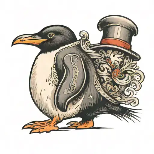 penguin walking sideways with ruffy hat on its head  tattoo design idea