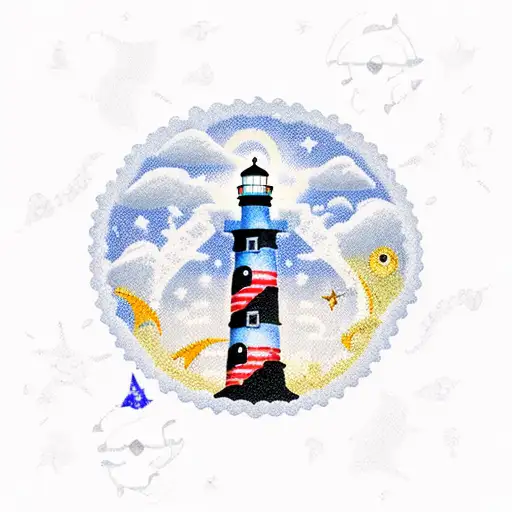 A lighthouse guiding a pirate ship through treacherous waters under a starry night sky tattoo design idea