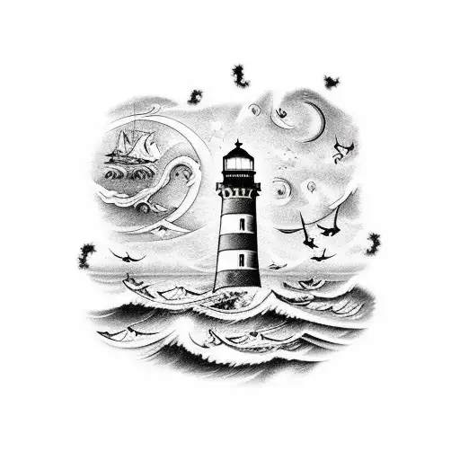 A lighthouse guiding a pirate ship through treacherous waters under a starry night sky tattoo design idea
