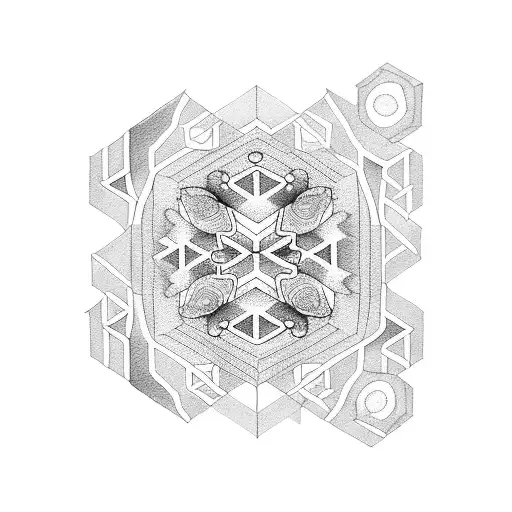 A dotwork tattoo depicting a loving family scene, with each family member represented by a unique geometric shape, symbolizing the strong bond and unity within the family. tattoo design idea