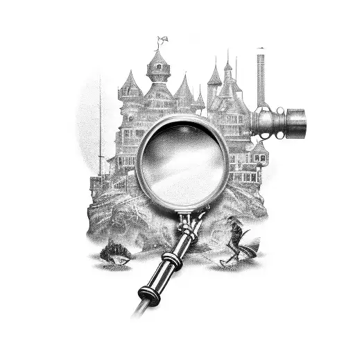 A black-grey tattoo of a magnifying glass with intricate details, symbolizing the passion for investigation and discovery, inspired by the client's love for puzzles and mysteries. tattoo design idea