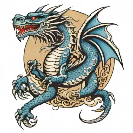 Protector dragon white and blue, with full moon shining tattoo design idea
