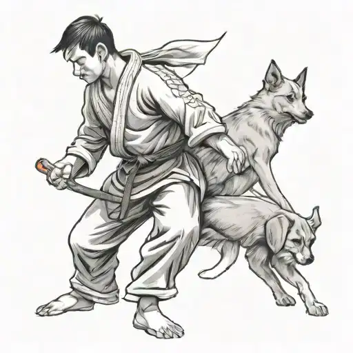 A tattoo design of a student practicing martial arts with a dog by their side tattoo design idea
