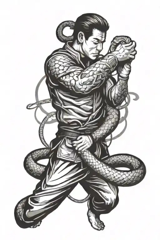 A tattoo design of a student training in martial arts with a snake coiled around their arm tattoo design idea