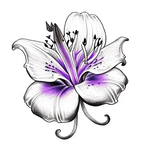 A sketch-style tattoo of a lily in vibrant purple hues, with the letter A incorporated into the petals. tattoo design idea
