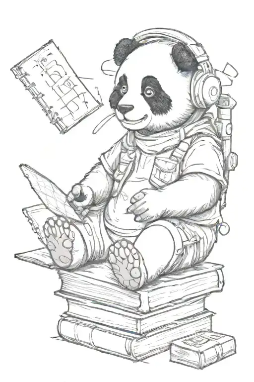 Panda is sitting on a stack of books, a joystick in his hands, headphones on his head, notes flying around the headphone tattoo design idea