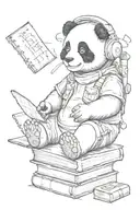 Panda is sitting on a stack of books, a joystick in his hands, headphones on his head, notes flying around the headphone tattoo design idea