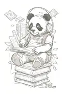 Panda is sitting on a stack of books, a joystick in his hands, headphones on his head, notes flying around the headphone tattoo design idea