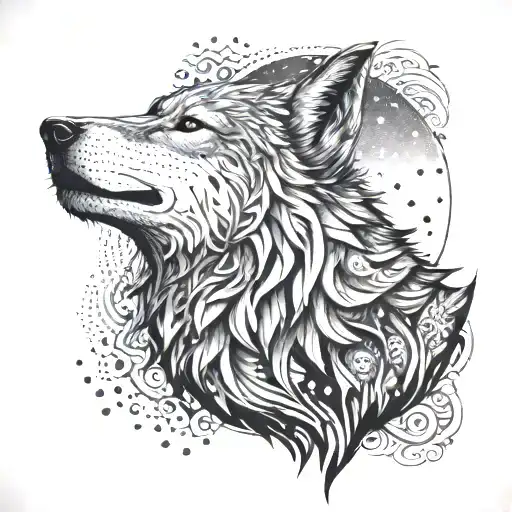 An abstract tattoo of a wolf howling at the moon, with intricate dotwork details tattoo design idea