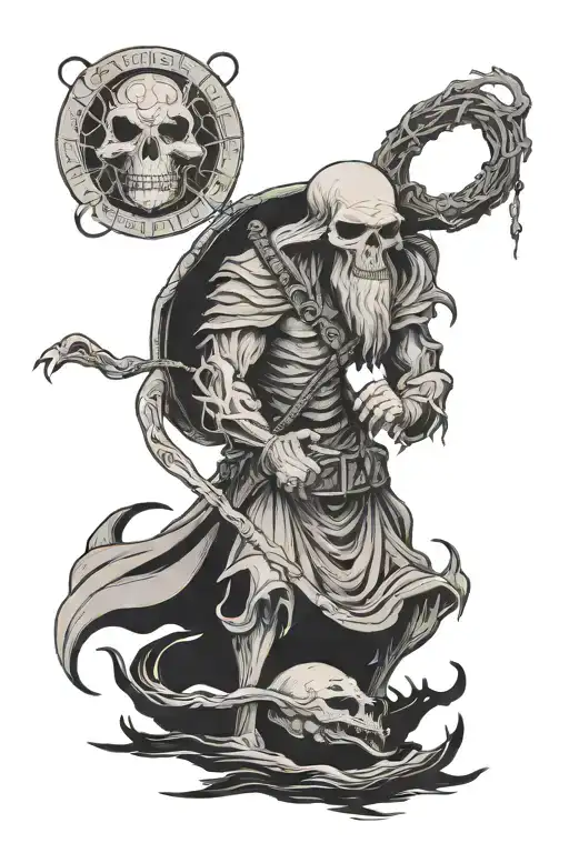 Charon in the style of Cab Galloway's ghost crossing the Styx with an oroboros twined around his staff tattoo design idea