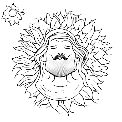 A minimalist tattoo of a person holding a sunflower and looking up at the clouds, embodying a hippie spirit in tune with nature tattoo design idea