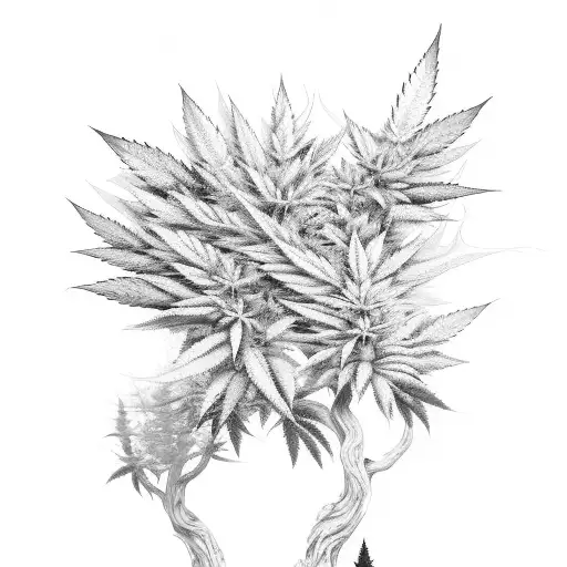 A mystical forest with hidden marijuana leaves tattoo design idea