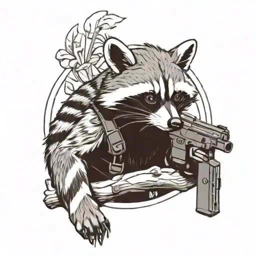 a blackwork tattoo sketch of a raccoon holding a gun, depicted in full body. The design should not be overly detailed. tattoo design idea