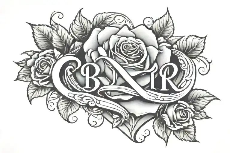 rose, initials B A R A A, HEART  tattoo design idea