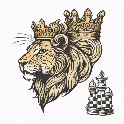 lioness wearing a crown with a queen chess piece tattoo design idea
