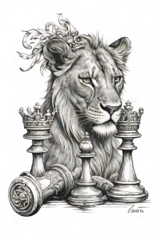 lioness with a queen chess piece tattoo design idea