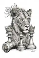 lioness with a queen chess piece tattoo design idea