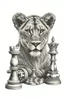 lioness with a queen chess piece tattoo design idea