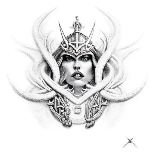big tittied norse queen death by snu snu tattoo design idea