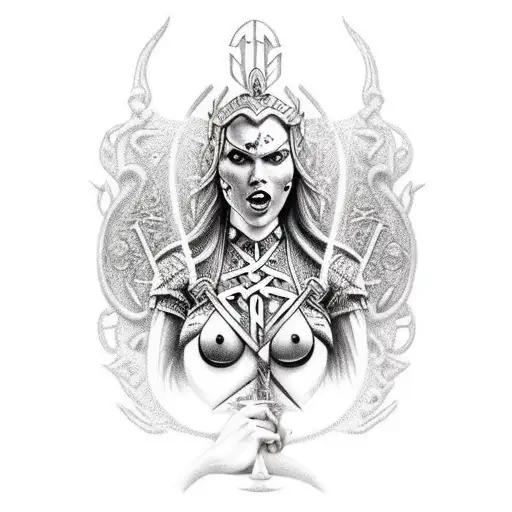 full bodied big tittied norse queen death by snu snu tattoo design idea