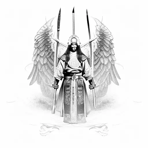 An angelic warrior with martial arts weapons tattoo design idea