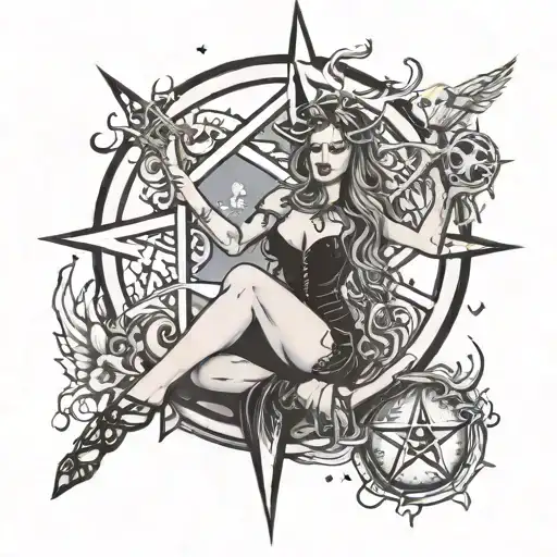 A pentagram with a moon,  a sun and a nude witch  tattoo design idea