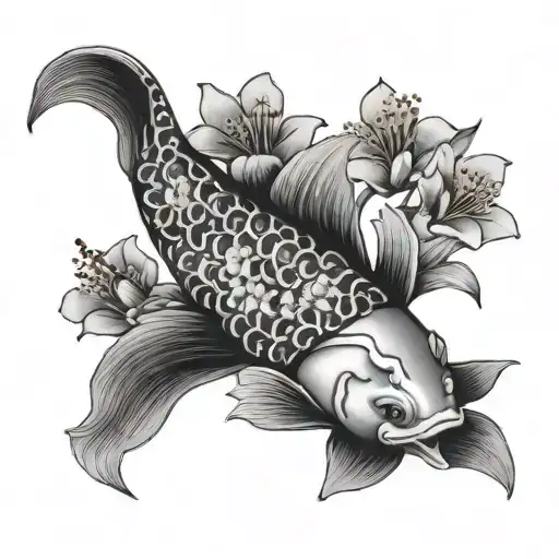 spiral koi fish with sakura flowers tattoo design idea