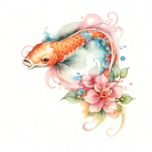 spiral koi fish with sakura flowers tattoo design idea