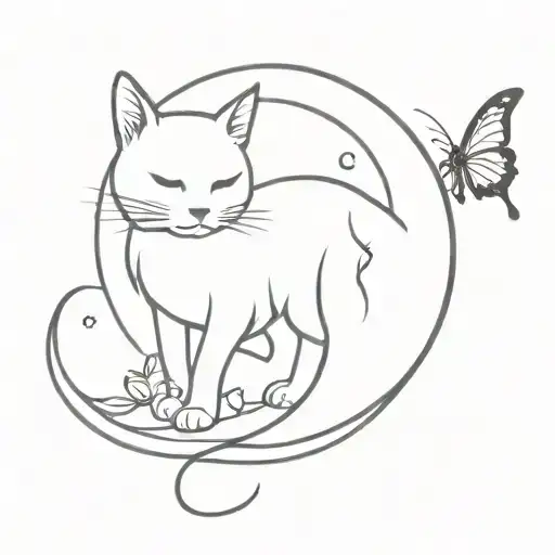 cat nine tale, butterfly, half moon phases tattoo design idea
