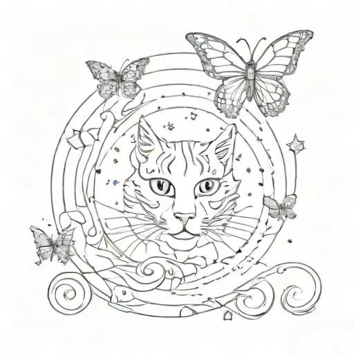 cat nine tale, butterfly, half moon phases tattoo design idea