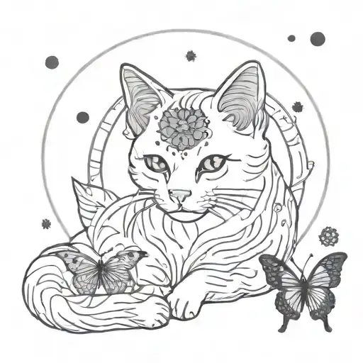 cat kitsune, butterfly, half moon phases tattoo design idea