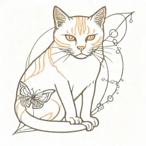 orange cat nine tale, butterfly, half moon phases tattoo design idea