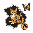 orange cat, kitsune fire, butterfly tattoo design idea