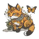 orange cat, kitsune fire, butterfly tattoo design idea