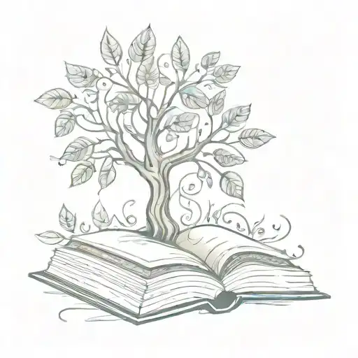 A quill pen morphing into a tree of knowledge with leaves shaped like open books, representing growth through learning tattoo design idea