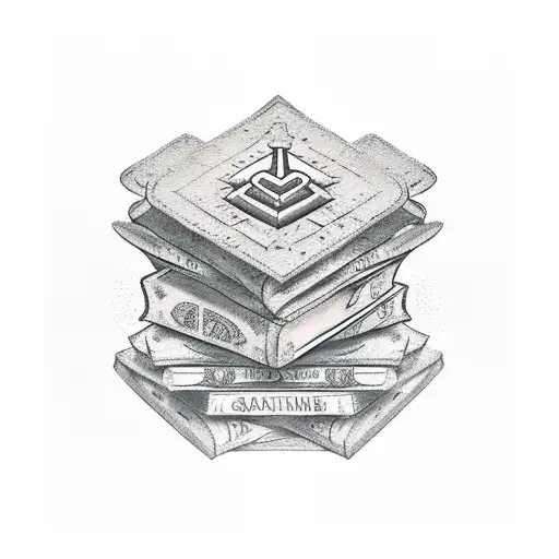 A stack of ancient stone books with mysterious symbols tattoo design idea