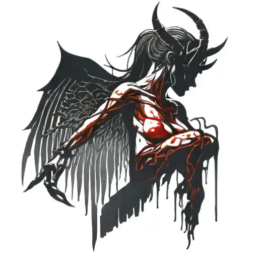 Sexy Nude Black silhouette Woman standing with Horns, torn demonic wings, extremely long nails, and dripping in blood. tattoo design idea