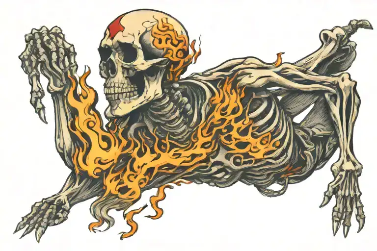 Skeleton suffering burning tattoo design idea