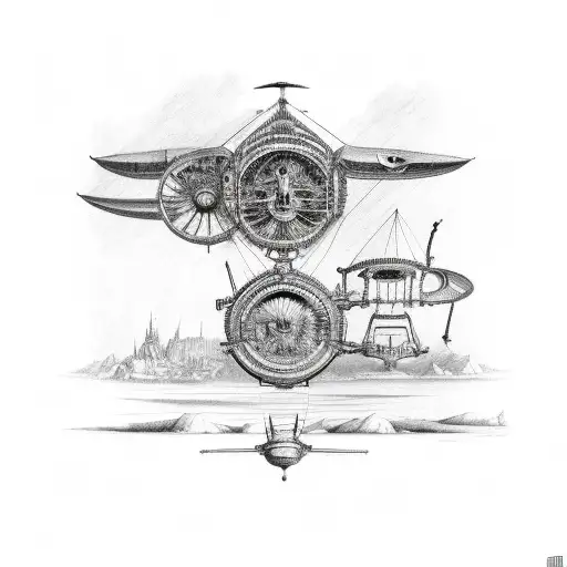A sketch-style back tattoo featuring da Vinci's flying machines and inventions tattoo design idea