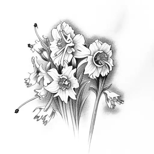 larkspur, daffodils, violet, gladiolus and asters in a line tattoo design idea