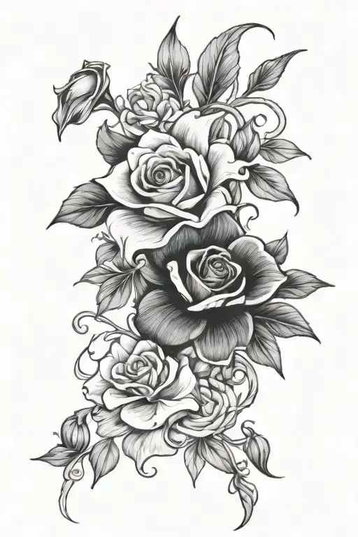 rose, iris, daffodil, daisy and morning glory vine tattoo design idea