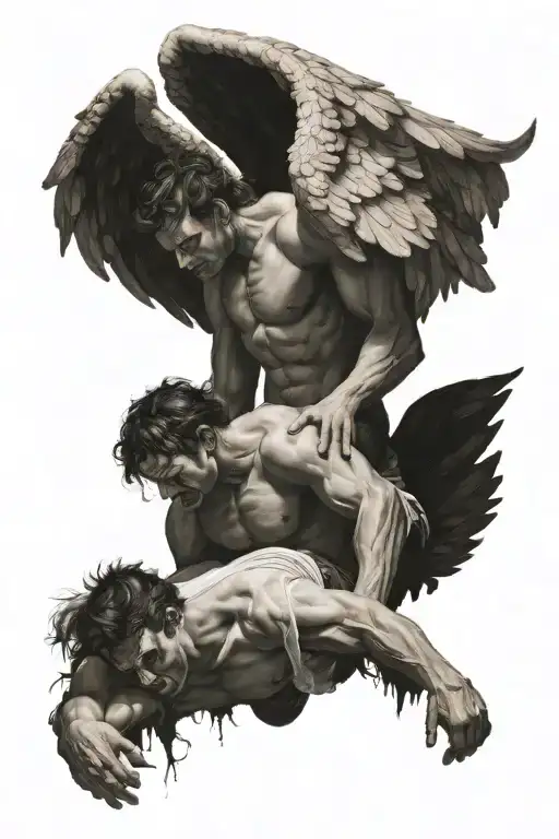 Male, angel, wings, bending down to help a demon falling  tattoo design idea